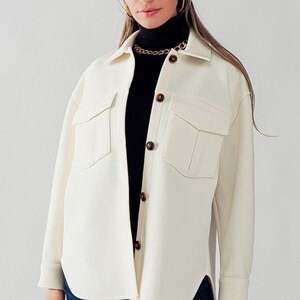 Cozy Drop Shoulder Felted Shacket, Front Chest Pockets, Cuff Sleeves ...