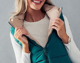 Wende-Puff-Weste - kuschelige Oberbekleidung mit hohem Hals, Seitentaschen, Reißverschluss, weich und dehnbar, Toggle-String-Taille-Puffer, entspanntes Geschenk