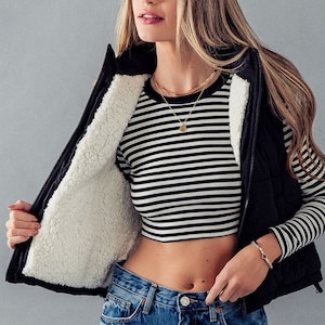 Sleeveless Padded Vest, Sherpa Lining, Toggle Tie Cozy Outerwear, Side Pockets, Removable Hoodie, Zipper Closure, Fall Winter Her Gift