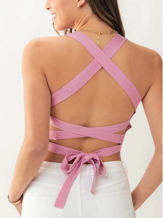 Square Neck Criss Cross Back Rib Sweater Knit Crop Top for Spring Summer in  Black and Pink From Size Small to Large Mother's Graduation Gift 