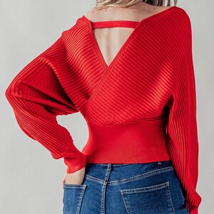 Cozy Vibes, Surplice Dolman Long Sleeve Ribbed Knit Top, Fall Winter Sweater Blouse, V neck Back Strap, Soft Stretchy Versatile Fashion Gift image 3