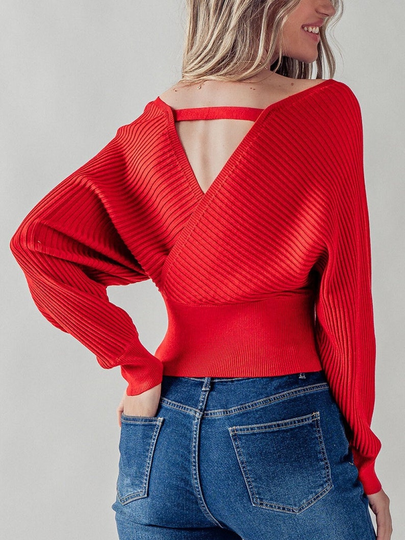 Cozy Vibes, Surplice Dolman Long Sleeve Ribbed Knit Top, Fall Winter Sweater Blouse, V neck Back Strap, Soft Stretchy Versatile Fashion Gift image 3