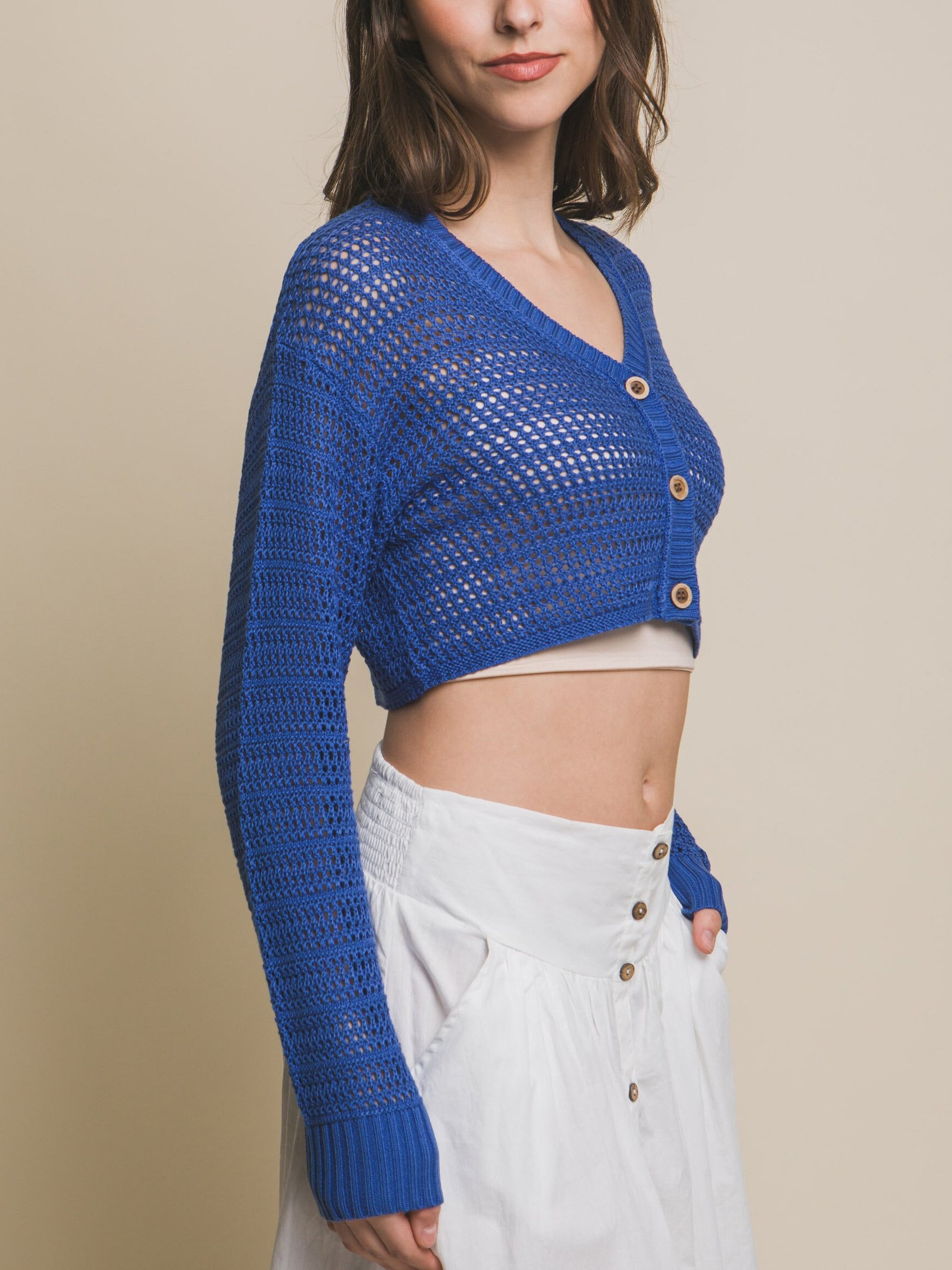 V-neck Ultra Crop Button-up Knit Sheer Sweater - Delicate, See 