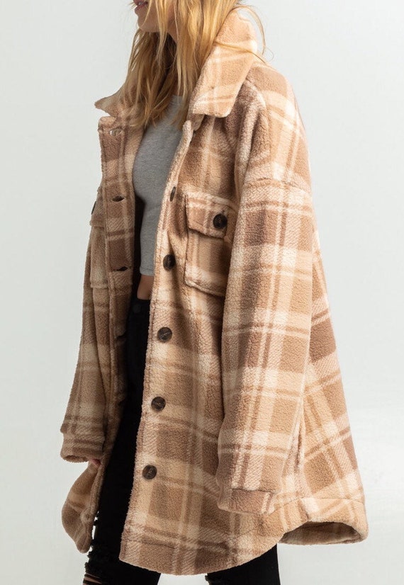 Oversized Plaid Sherpa Shacket, Premium Quality Teddy Jacket , Super Soft Cozy Teddy Coat in Brown Camel Gift Holiday Gift