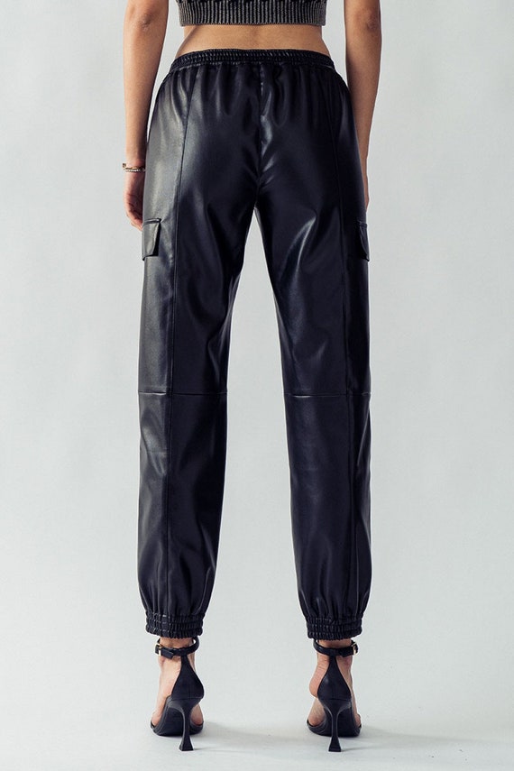Black faux leather elasticated cargo joggers sale