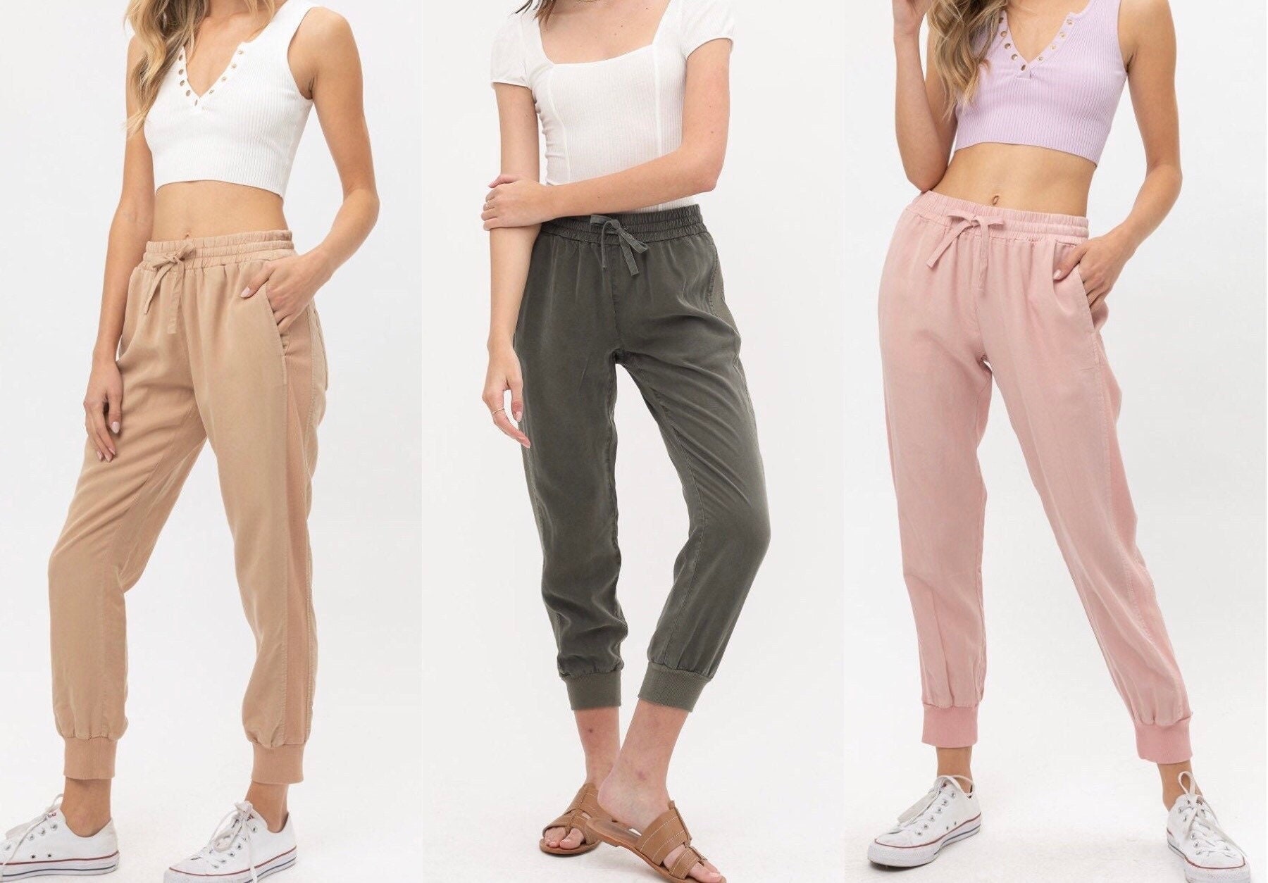 High Rise Tencel Jogger Pants * Elastic Waistband Adjustable
