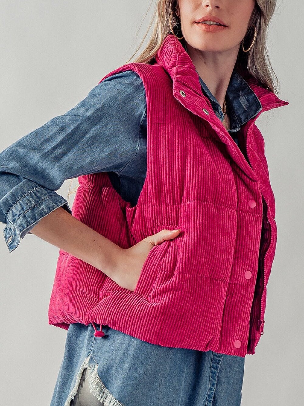 Corduroy Puffer Vest with High Collar and Vintage Vibes, Side Pcokets, Zipper and Snap Closure, Toggle Ties Hem, Warm and Cozy Her Gift Corduroy Puffer Vest with High Collar and Vintage Vibes, Side Pcokets, Zipper and Snap Closure, Toggle Ties Hem, Warm and Cozy Her Gift