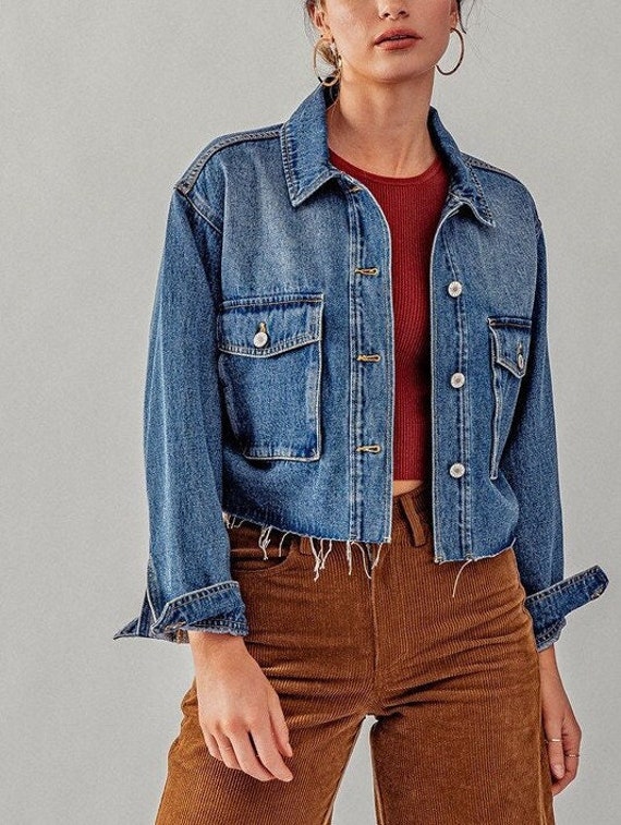 Jeansjacke mit ausgefranstem Saum Crop Boxy Fit Vintage Oversized Cargo  Taschen Weiß Blau Denim Basic All Seasons Ostergeschenk Y2K Summer - Etsy  Schweiz