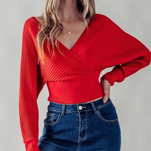 Cozy Vibes, Surplice Dolman Long Sleeve Ribbed Knit Top, Fall Winter Sweater Blouse, V neck Back Strap, Soft Stretchy Versatile Fashion Gift Red