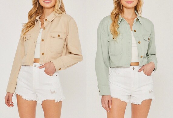 Color Crop Jean Jacket. Mint Sage or 