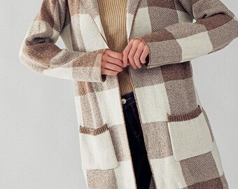 トップス Oversized plaid collar neck cardigan Womens Oversized Checkered Cardigan Sweater Fall Trendy Long