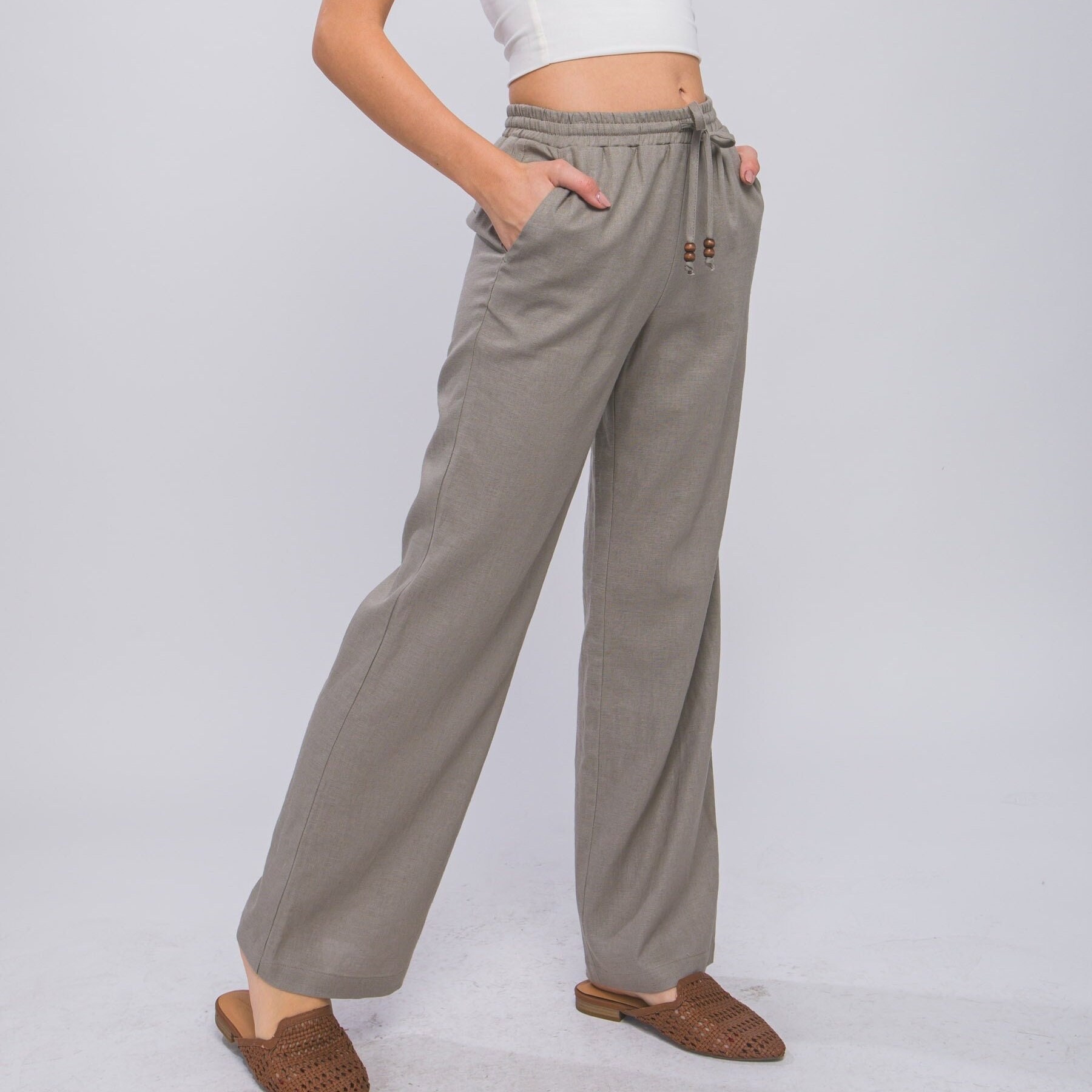 Light yellow loose-fit pants with linen , art- 11371, 【MustHave