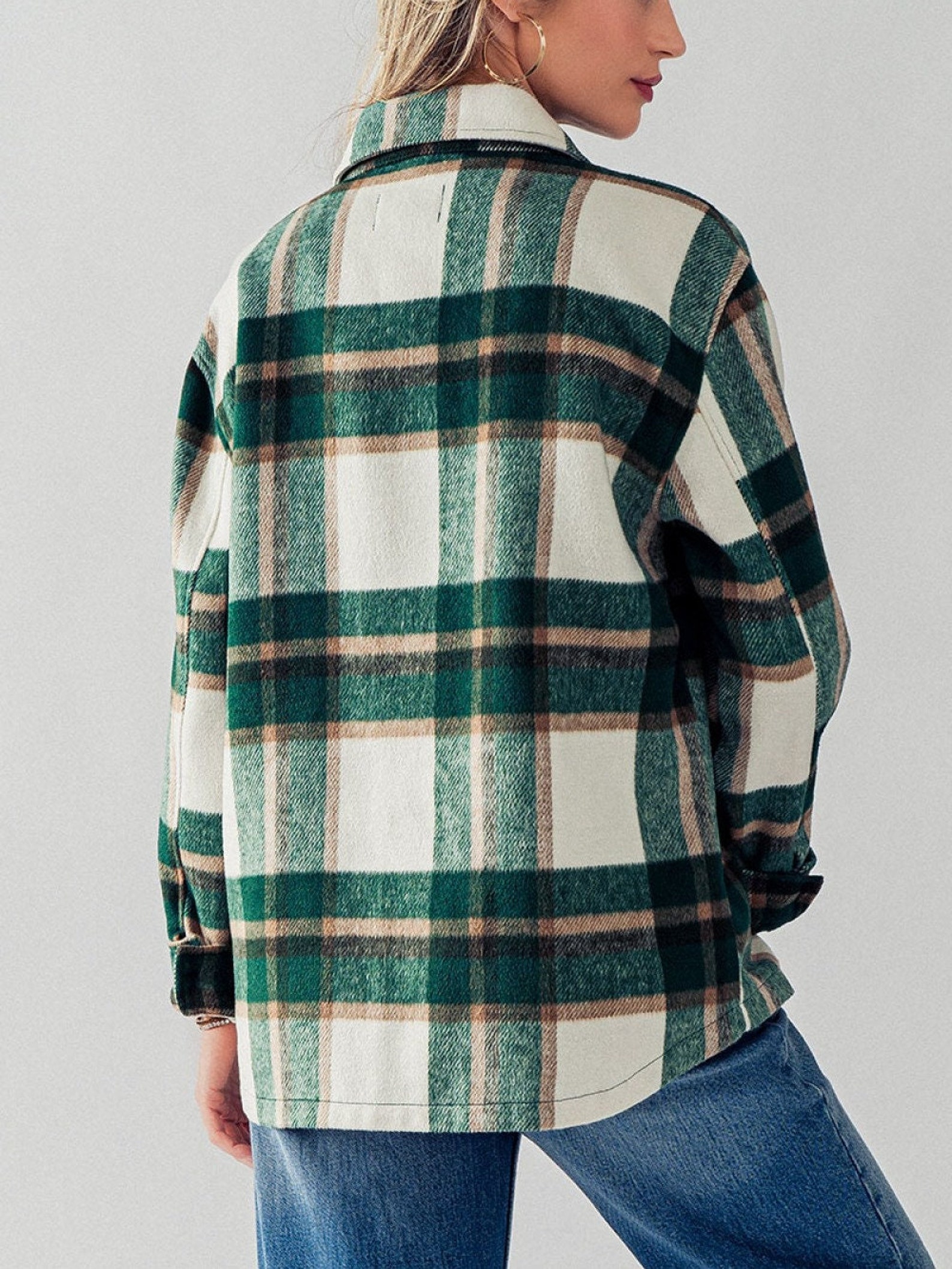 Full Length Button-up Shirt Jacket - Flannel Shacket, Side and Front ...