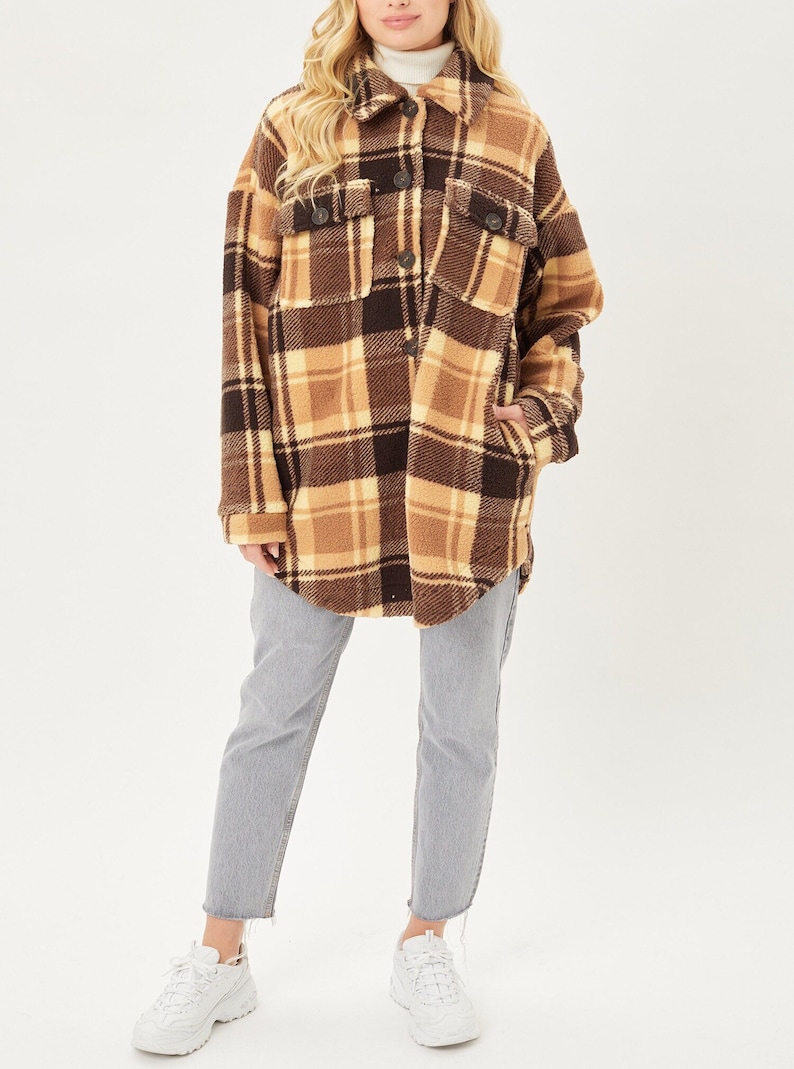Cozy Oversized Plaid Sherpa Shacket - Premium Quality, Super Soft and Cozy, Long Line Silhouette Teddy Trench Coat in Chocolate Brown, Gift