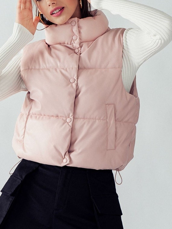 Chalecos cortos de mezclilla para mujer coreana color rosa, chaleco sin  mangas, abrigo holgado con bolsillo grande