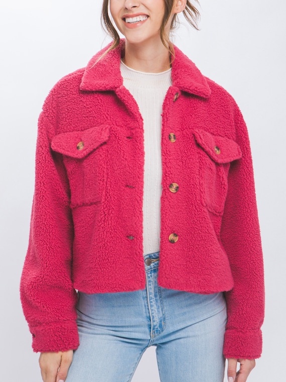 Sherpa Short Shacket, Warm, Stylish , Chest Flap Pockets, Full Lining, Button Closure, Cuffed Sleeves, Winter Jacket, Versatile Gift