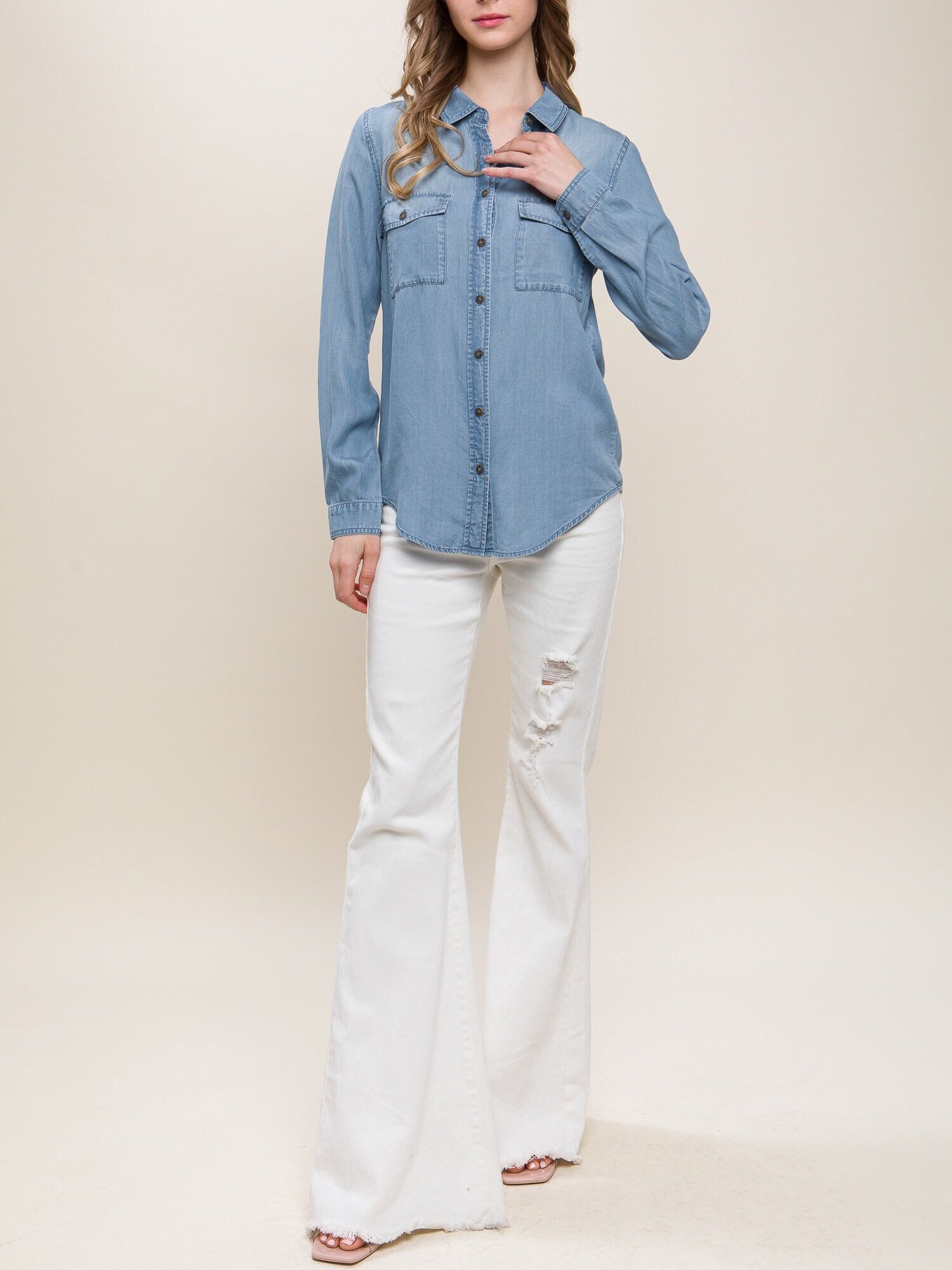 トップス Yumin ha Falling Star Long Sleeve Long Sleeve Jean Shirt * Button up * Double Pocket * Denim