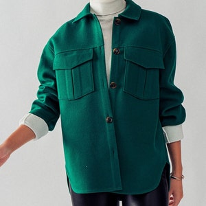 Cozy Drop Shoulder Felted Shacket, Front Chest Pockets, Cuff Sleeves ...
