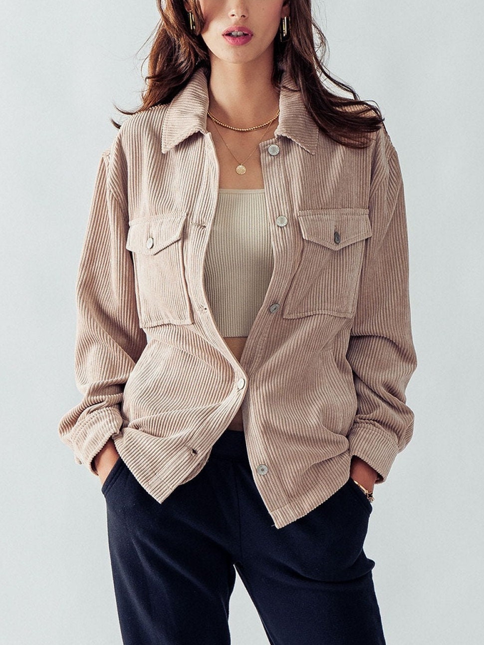 Cute Corduroy Button Down Jacket With Pockets - Warm Shacket