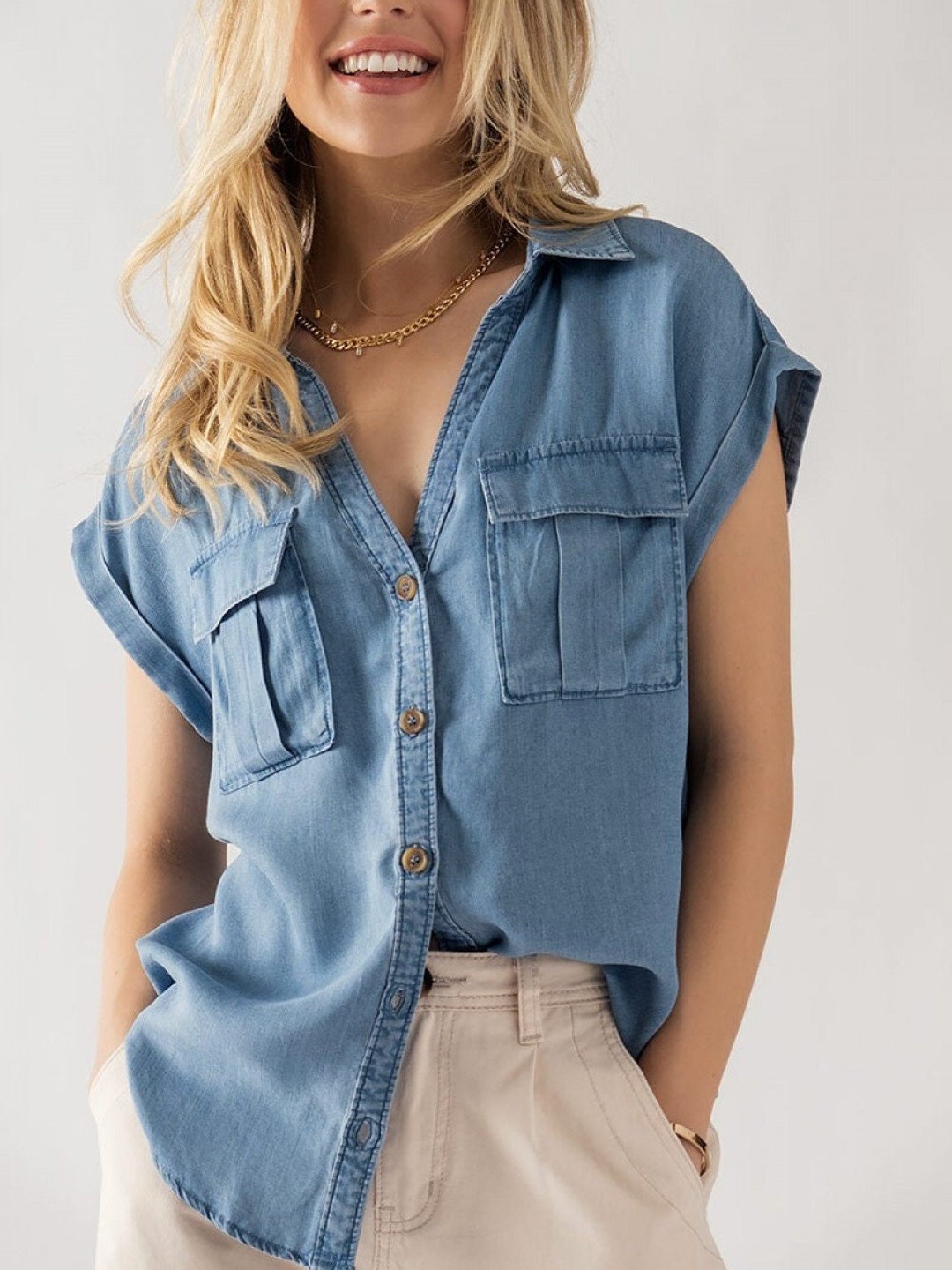 Casual Short Sleeve Chambray Tencel Shirt Deep V Collared