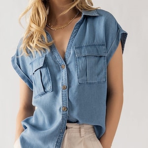 Casual Short Sleeve Chambray Tencel Shirt Deep V Collared, Soft Blouse Front Flap Pockets Wide Sleeve Color Denim Button Up Top White Pink