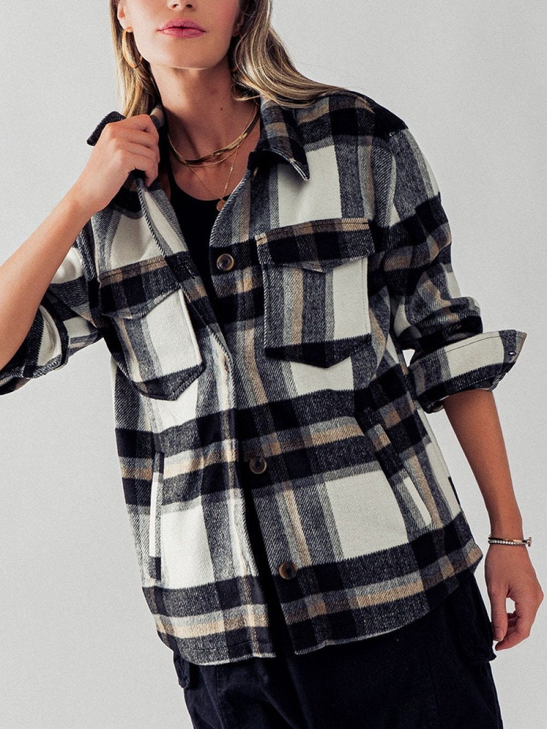 Full Length Button-up Shirt Jacket - Flannel Shacket, Side and Front ...