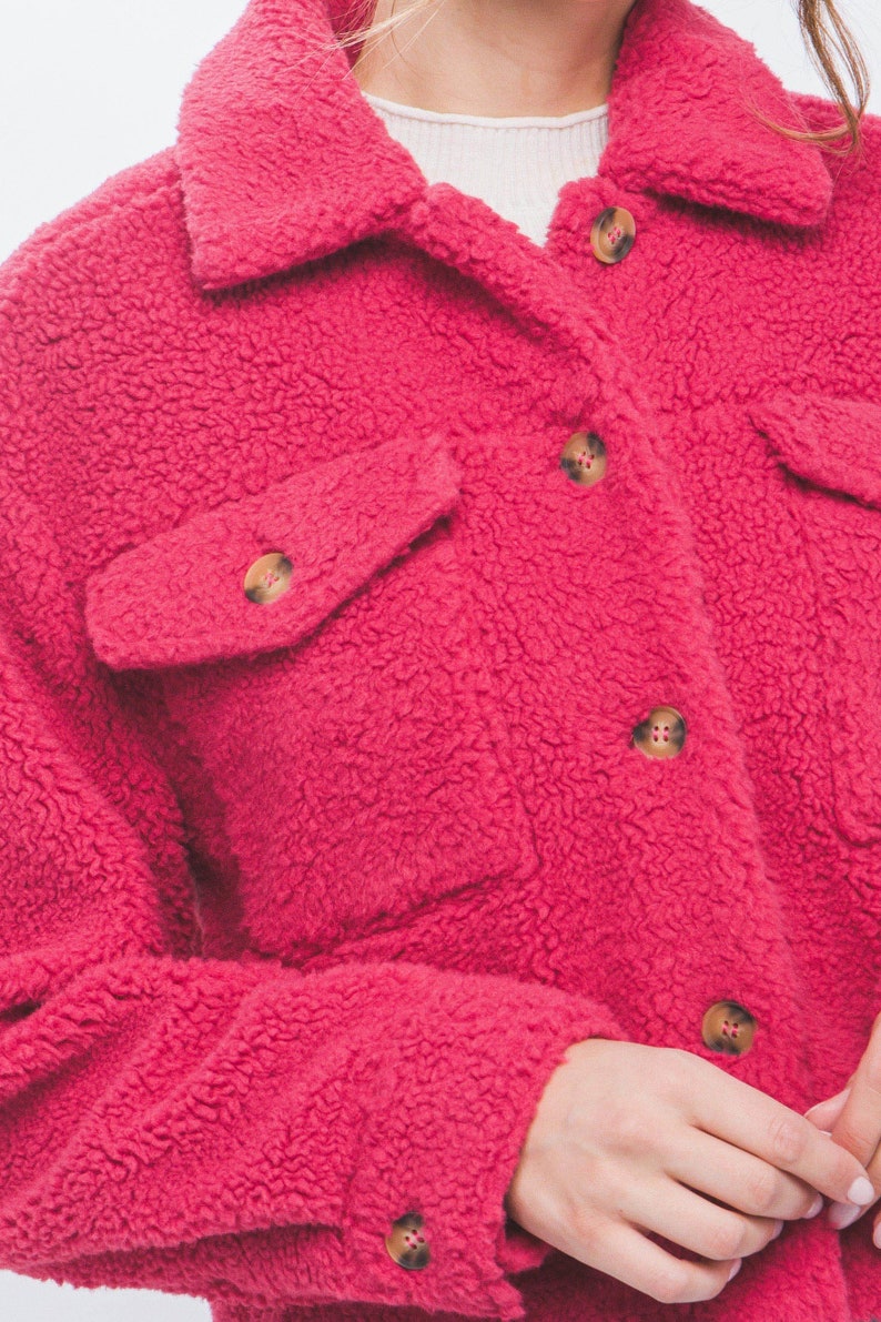 Ultimate Teddy Coat, Short Sherpa Shacket, Warm Button Closure, Cute jacket for her, Daughter, School Fashion image 3