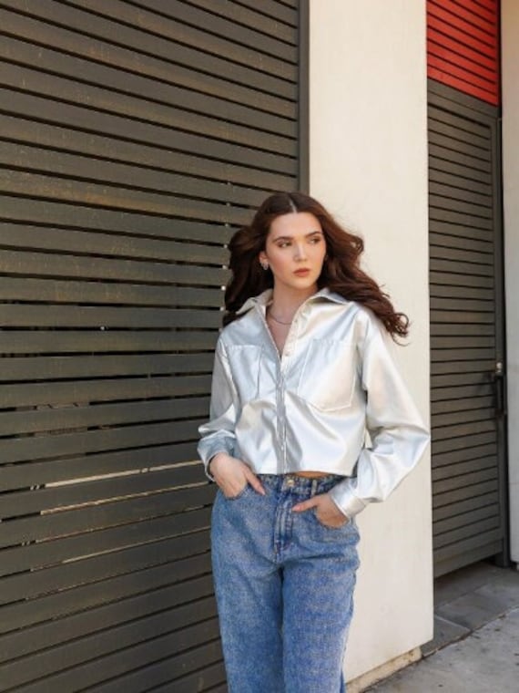 Silver Cropped Faux Leather Shacket, Perfect Night Out Outfit Holiday Festive Gift Her, Tour Jacket, Western Feels, Womens Coat