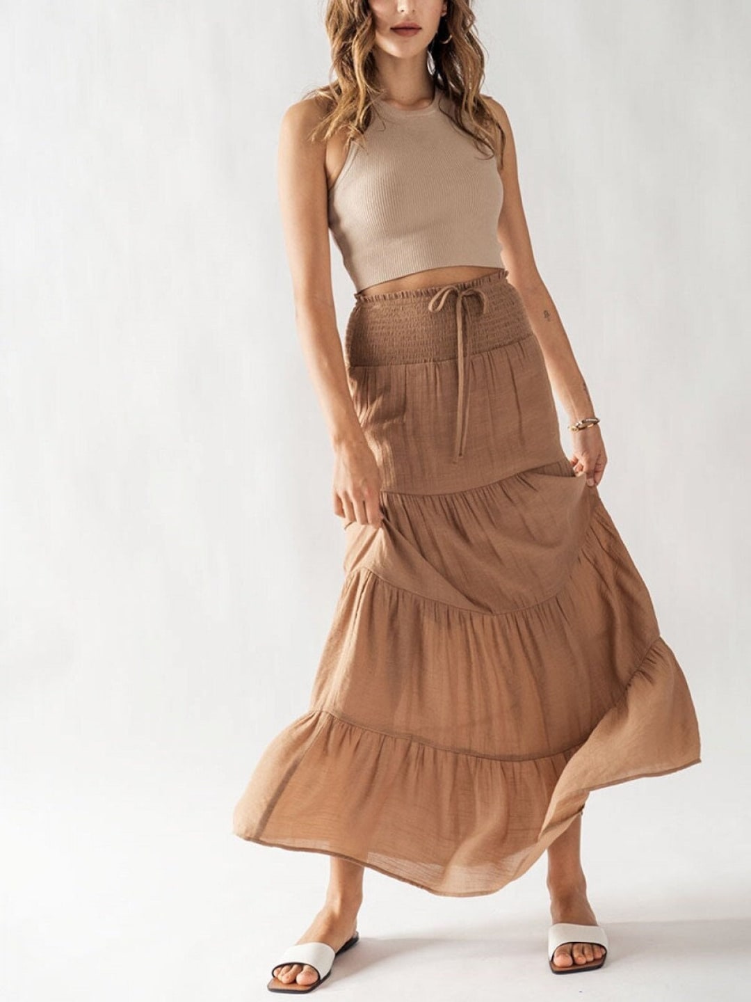 Smocked Tiered Maxi Skirt Boho Gypsy Hippie 70s Free Spirit