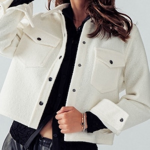 Faux Wool Crop Coat Jacket, Oversized Short Blazer, Snap Button Teddy Sherpa, Chest Pockets, Collar, Button Cuffs, Her Best Friend Gift