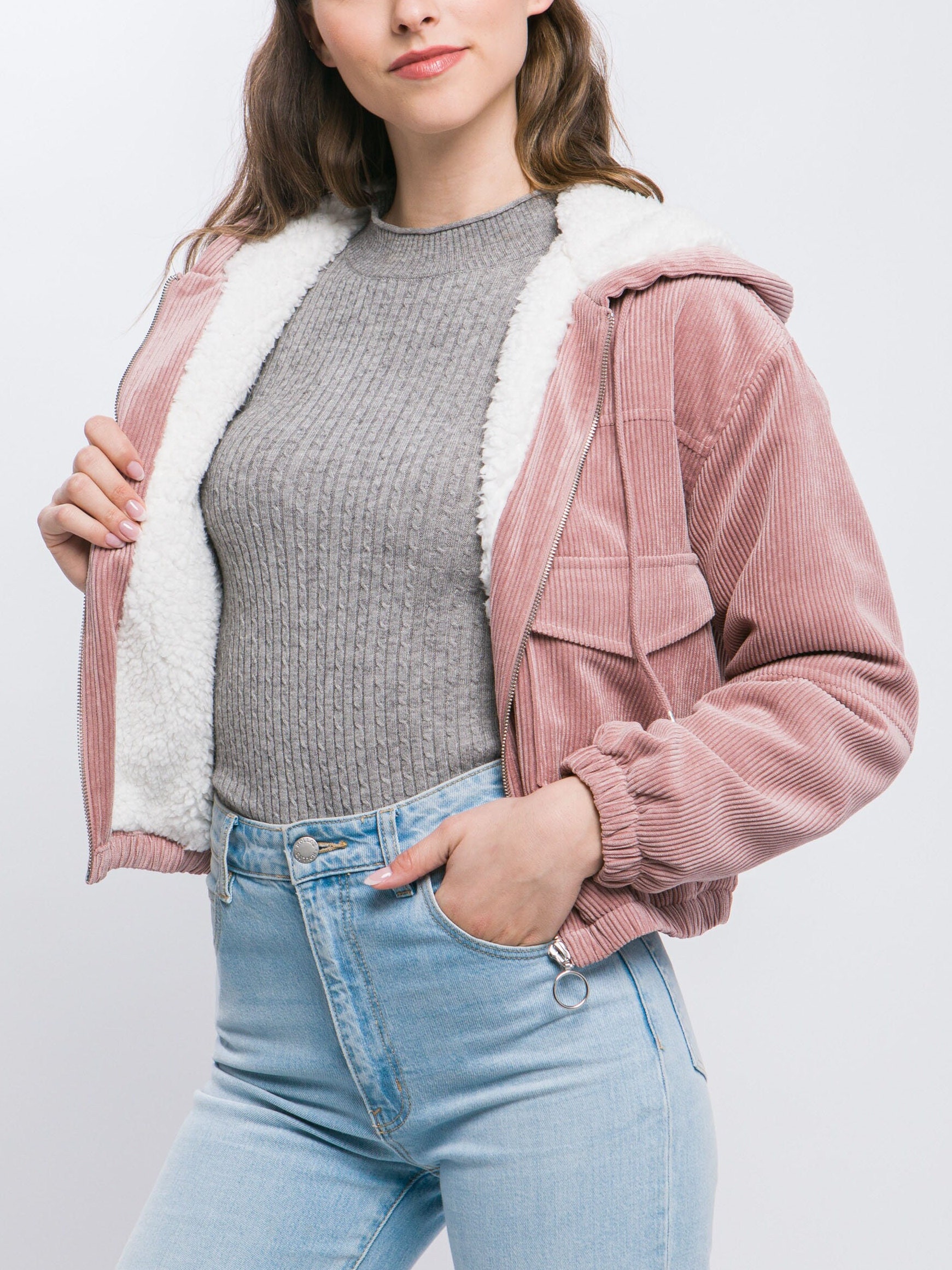 Sherpa Lined Cropped Corduroy Bomber Jacket With Hoodie