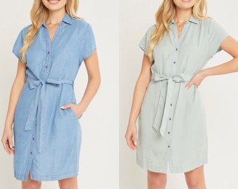 Denim Tunic Shirt Dress. Chambray Jean Button Up Dress with String Waist Belt And Cap Short Sleeves in Denim Blue Sage Mint Gift