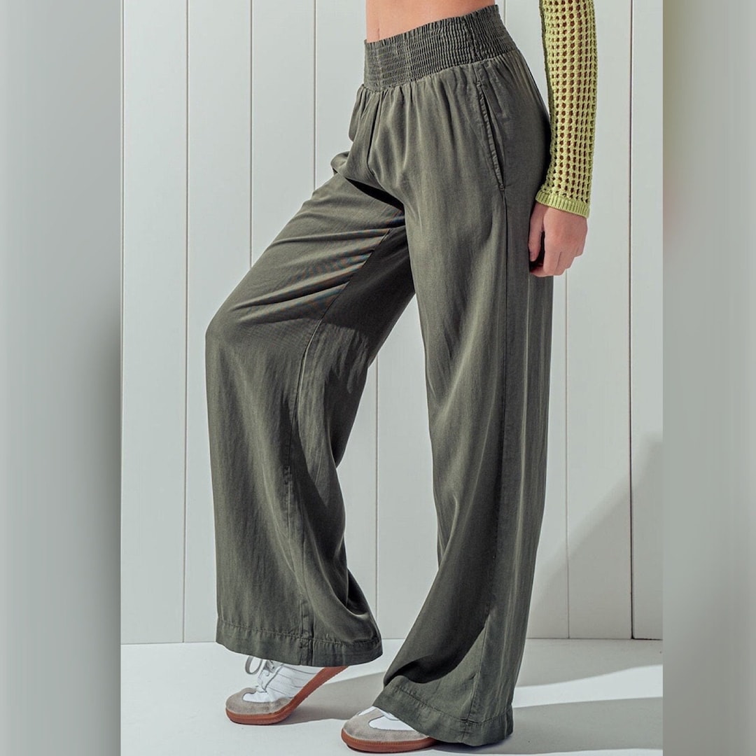 【oan】Ritz Summer Wide Pants Soft Tencel Wide Leg Pull on Pants, Smocked Waistband