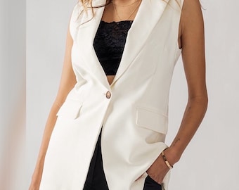 Sleeveless Blazer Vest * Notched Collar Front Pockets * Spring Summer * Casual Chic Work Office Wear * Soft Feel * Black Beige Ivory