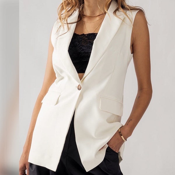 Sleeveless Blazer Vest * Notched Collar Front Pockets * Spring Summer * Casual Chic Work Office Wear * Soft Feel * Black Beige Ivory