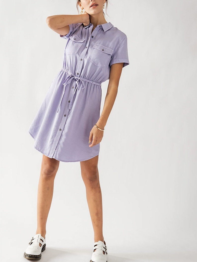 Elegant and Eco-Friendly Tencel Lyocell Button-Up Dress Drawstring Collared Short Sleeve Brunch Church Casual Spring Summer Jean Shirt Dress Lavender