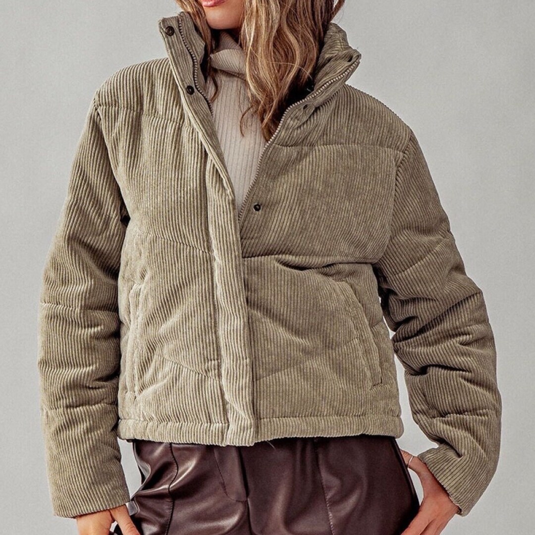 Corduroy Puffer Jacket With Hidden Button and Zipper Closure Corduroy Puffer Jacket With Hidden Button and Zipper Closure