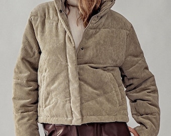 Corduroy Puffer Jacket with Hidden Button and Zipper Closure - Cozy, Warm Stylish Puff Winter Essential, Streetwear, Full Lining, Her Gift