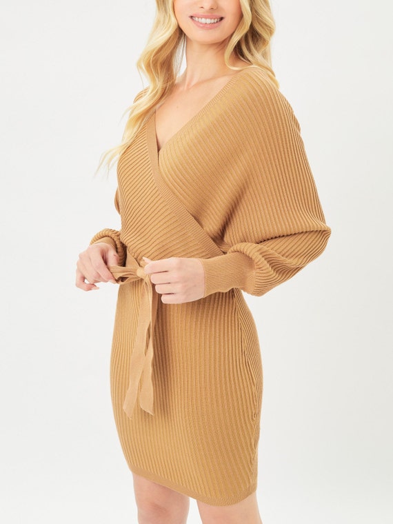 knee length dresses for ladies Long Dolman Sleeve Wrap Knit Sweater Dress