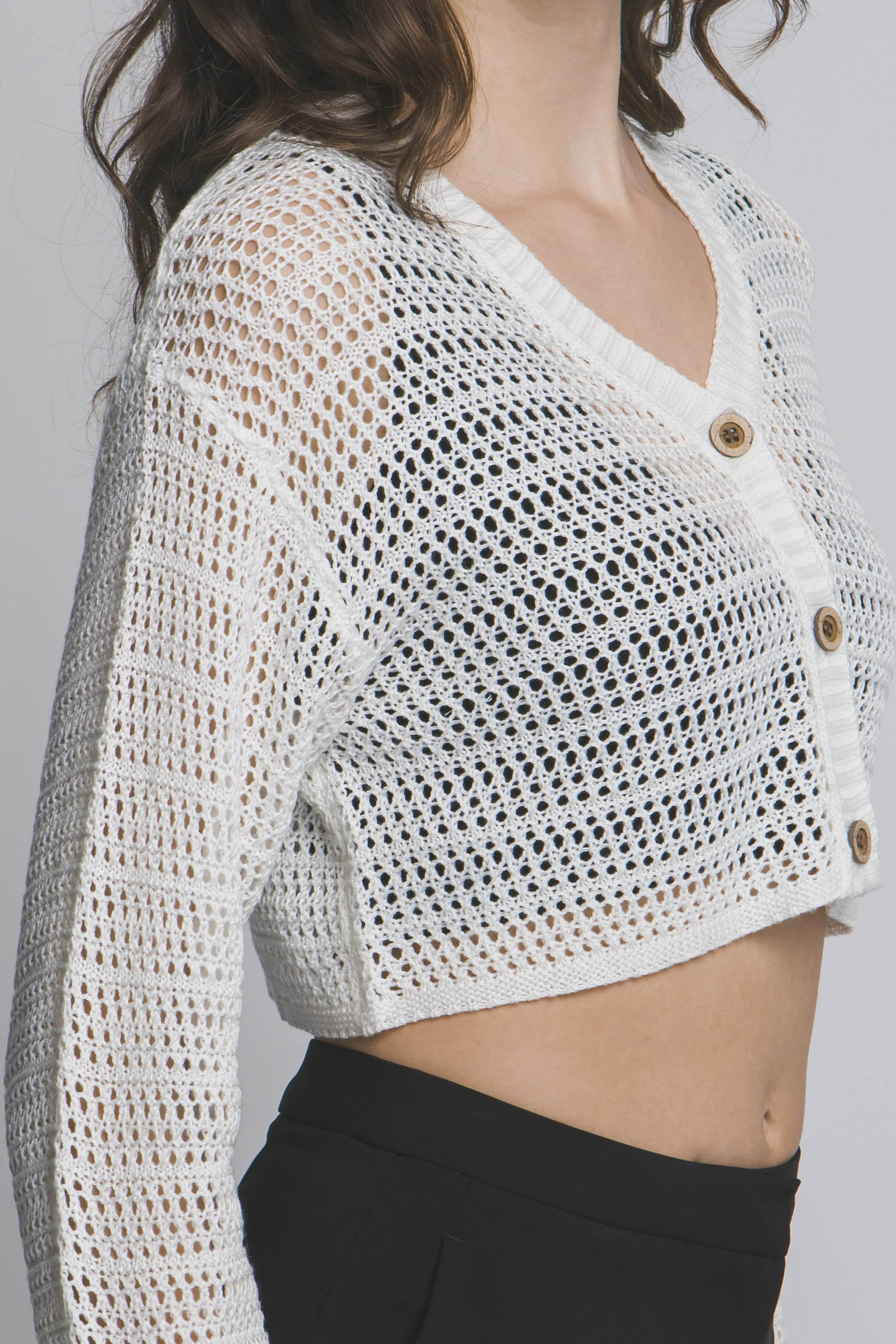 V-neck Ultra Crop Button-up Knit Sheer Sweater - Delicate, See 