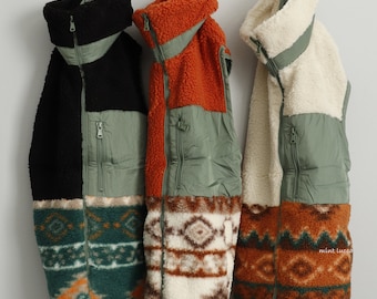 Gemütliche Sherpa lange Reißverschlussweste, solide aztekische Druckkombination, seitliche und linke Brusttasche, voll gefüttert, stilvoll, Hipster, Modeweste, Geschenk