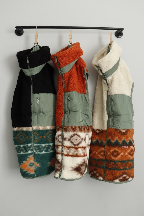 Cozy Sherpa Long Zip Up Vest, Solid Aztec Print Combo, Side and Left Chest Pocket, Full Lining, Stylish, Hipster, Fashion Vest, gift