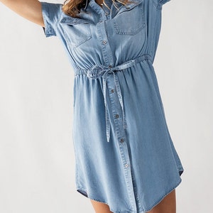 Elegant and Eco-Friendly Tencel Lyocell Button-Up Dress Drawstring Collared Short Sleeve Brunch Church Casual Spring Summer Jean Shirt Dress image 7