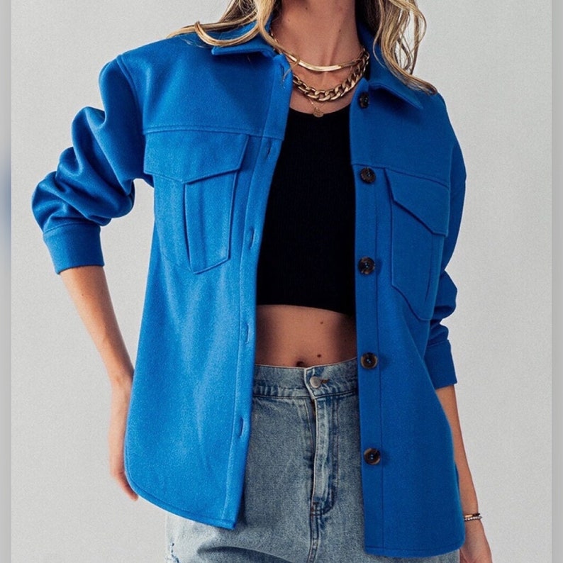 Cozy Drop Shoulder Felted Shacket, Front Chest Pockets, Cuff Sleeves, Winter Fall Layering Jacket, Oversized Fit, Boyfriend Best Girl Gift
