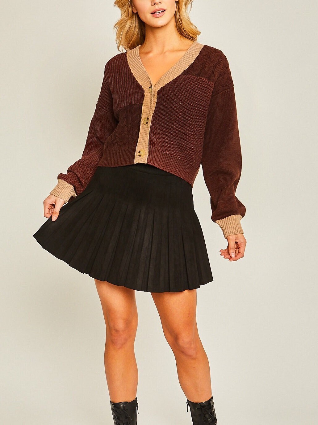 Faux Suede Pleated Mini Skirt With Side Zipper Closure. A