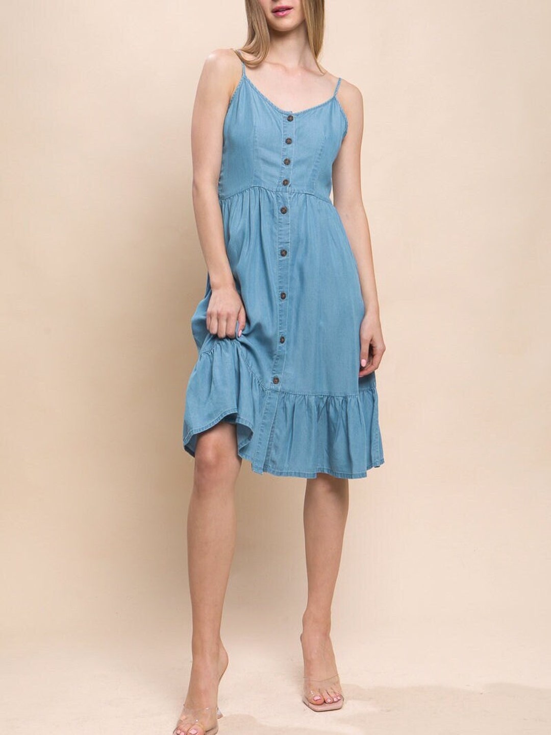 最先端 * Dress Midi Ruffle Denim Smocked Summer Spring * Back ワンピース