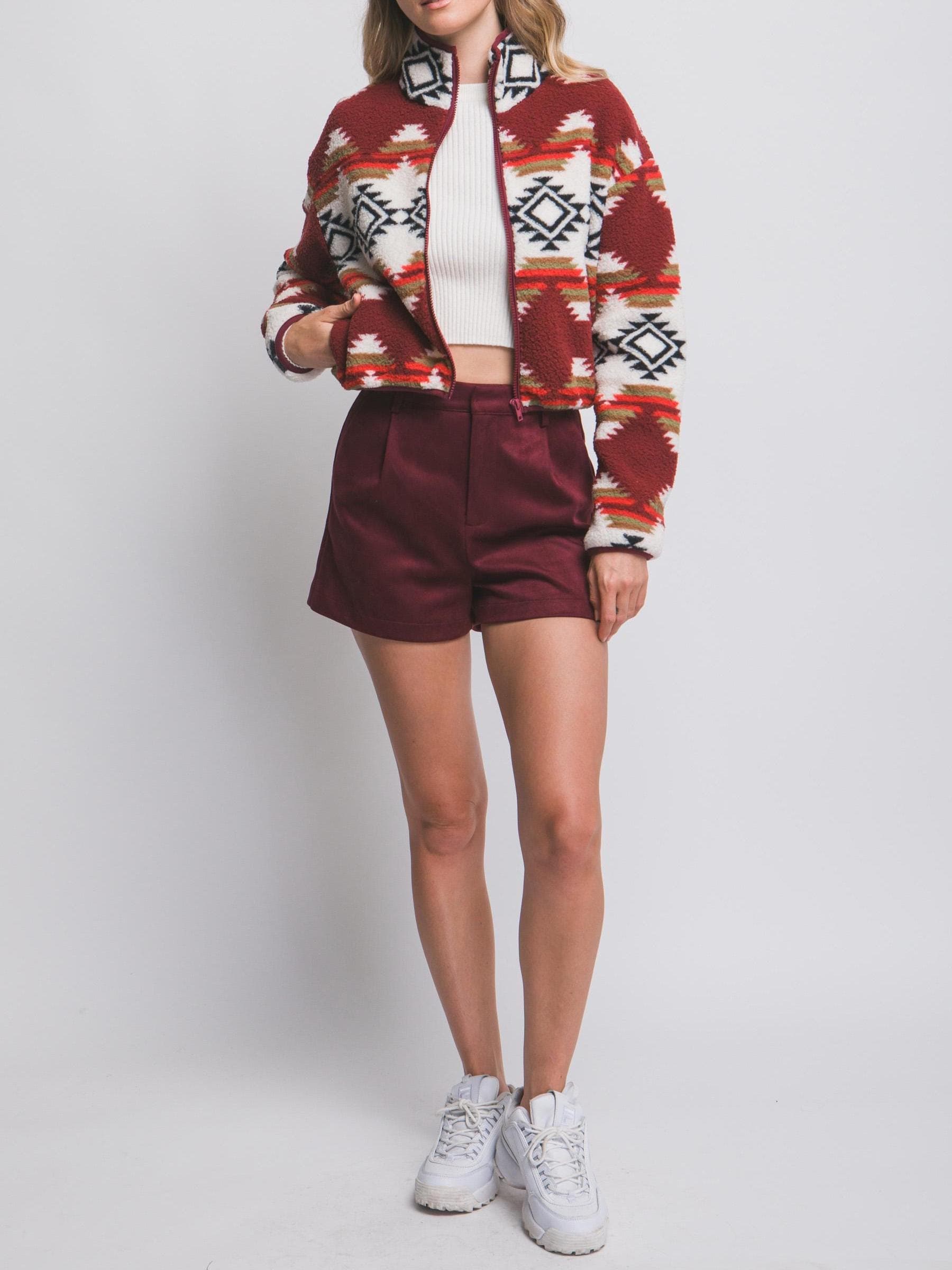 Cozy Tribal Print Sherpa Zip-up Short Jacket, Cropped Cardi Side