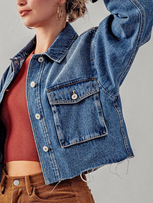 Frayed Hem Jean Jacket * Crop Boxy Fit * Vintage Oversized