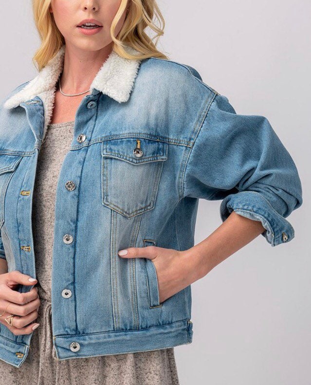 80s Vintage Sherpa Lined Denim Collar Jacket - Cozy Women's