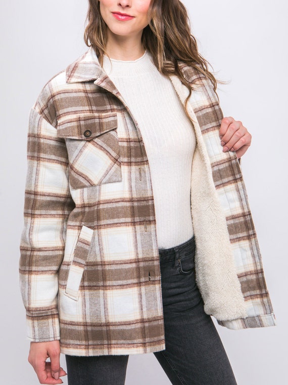 Warm Cozy Coverup Oversized Plaid Sherpa Lined Shacket, Layering